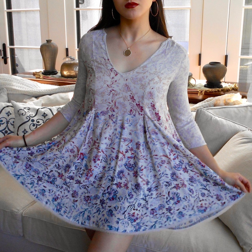 💜 Lavender V-neck 3/4 Sleeve Floral Dress ☺️